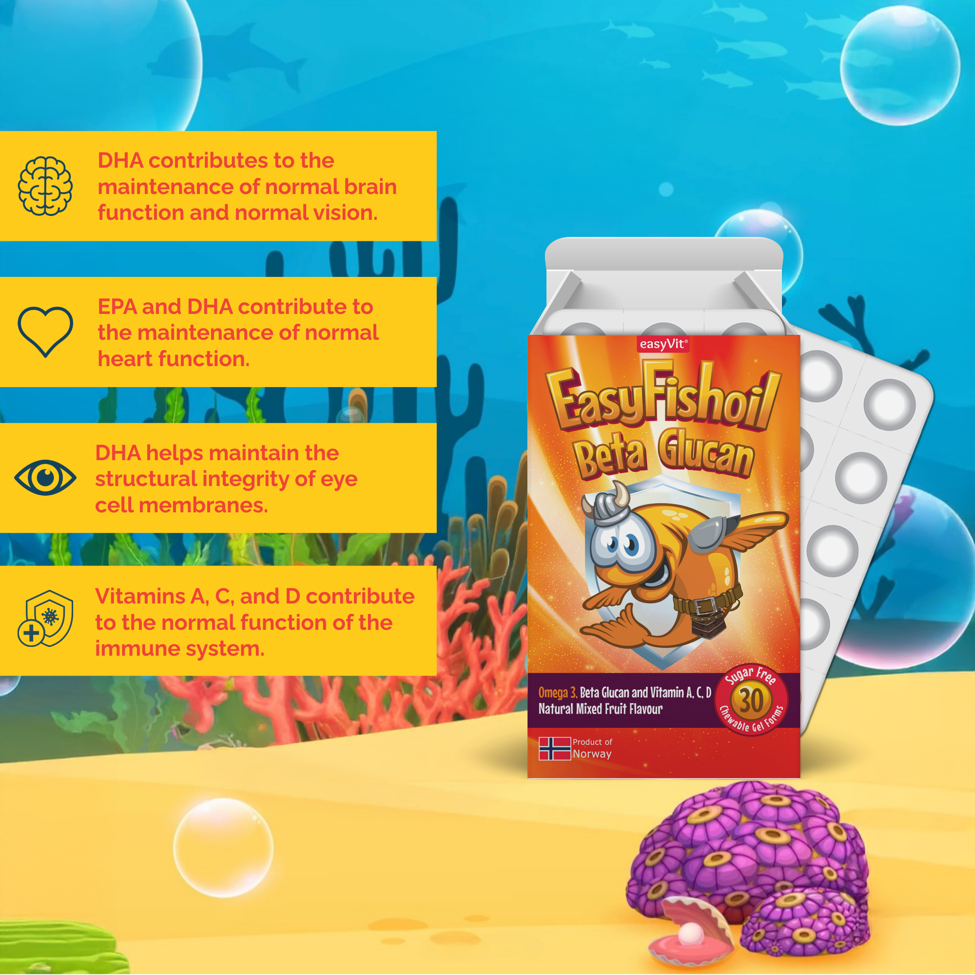 Omega 3 + Beta Glucan, Vitamins A, C, D For Children EasyFishoil Defence