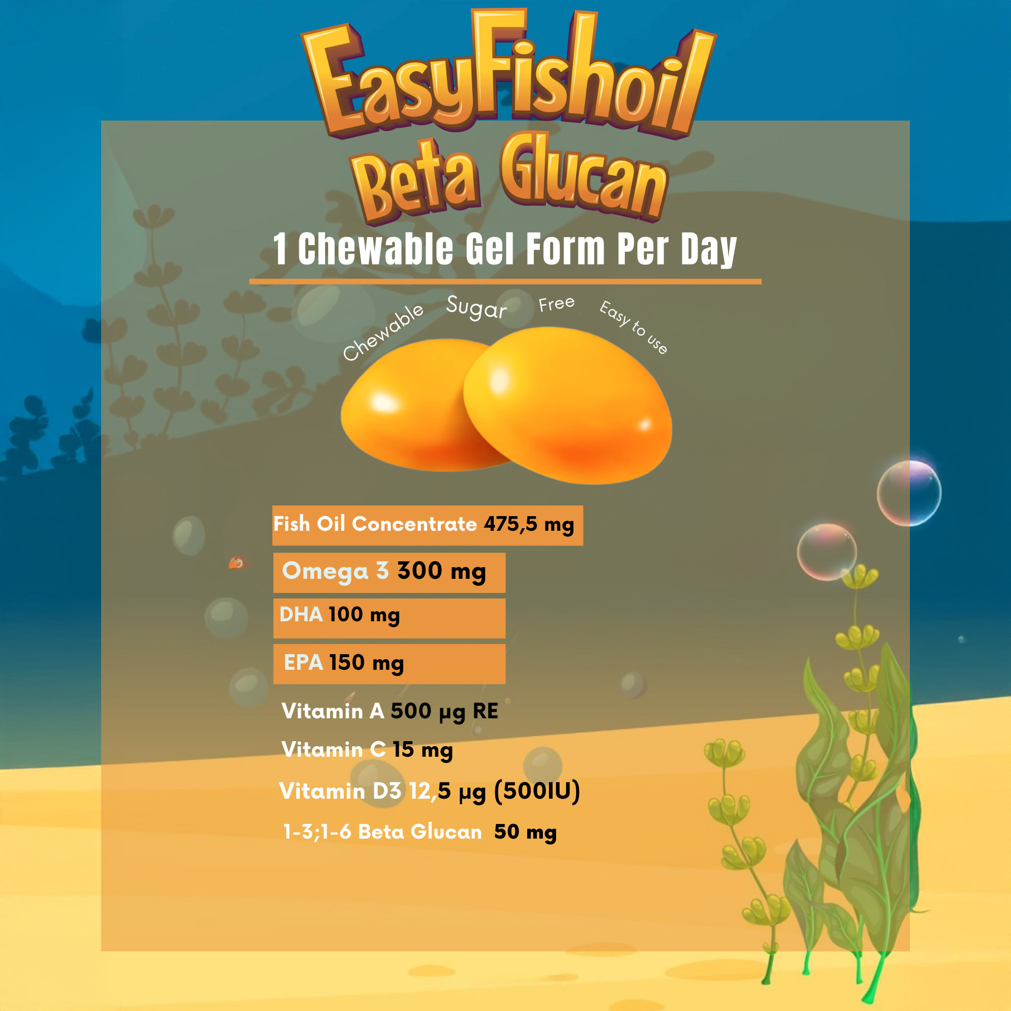 Omega 3 + Beta Glucan, Vitamins A, C, D For Children EasyFishoil Beta