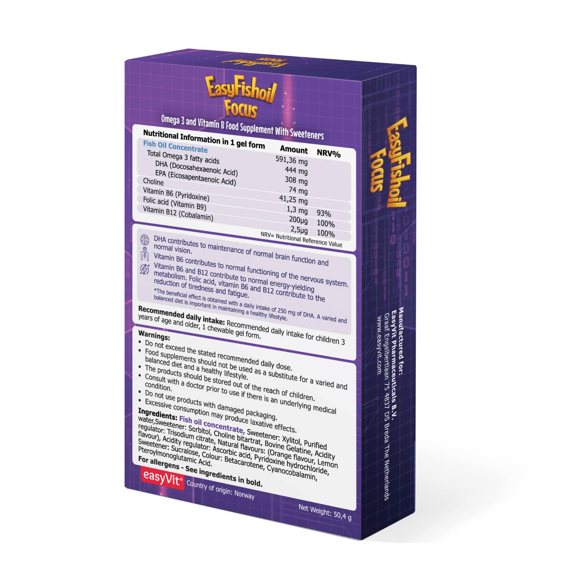 Omega 3 + Choline Vitamins B6 and B12, Folic Acid For Children EasyFishoil Focus