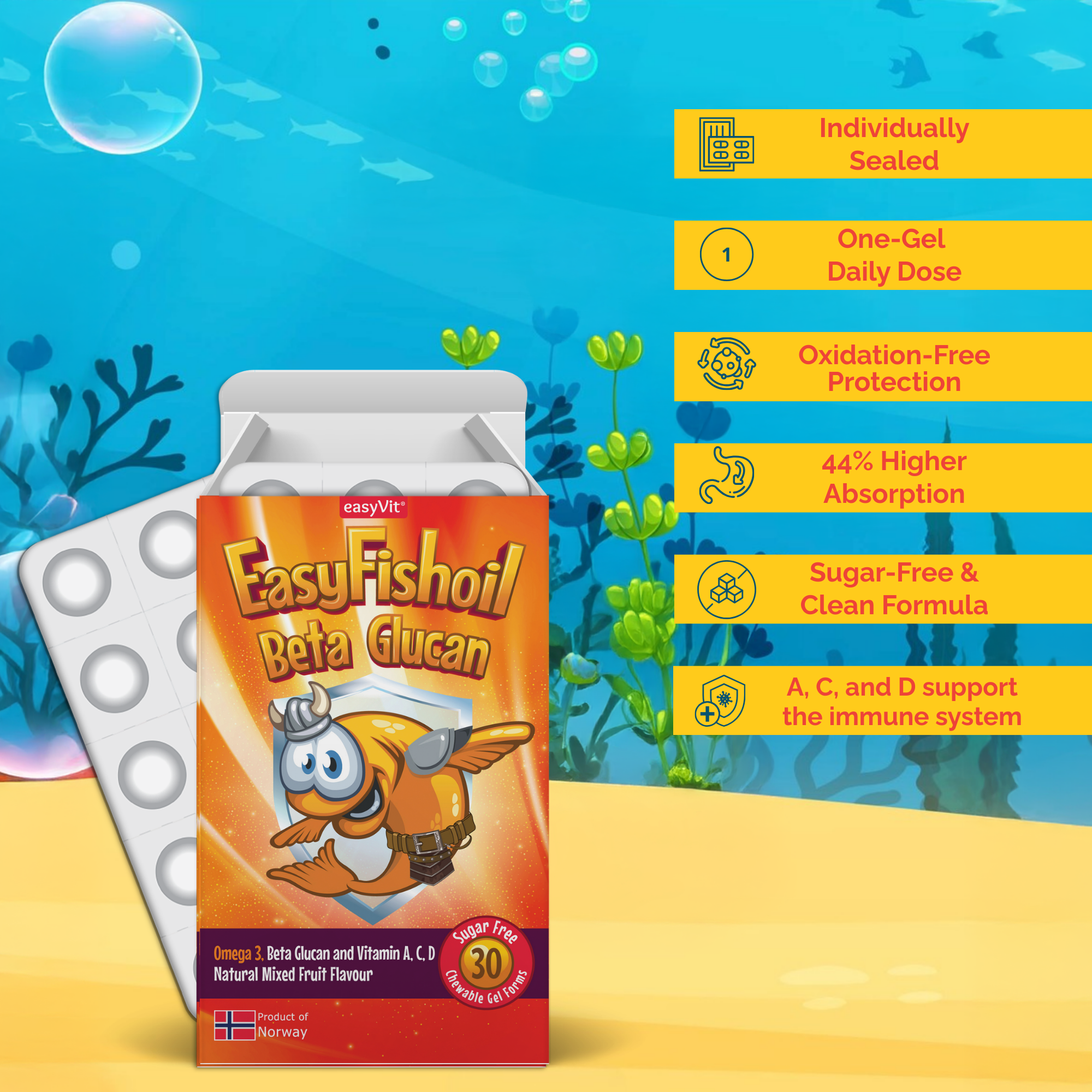 Omega 3 + Beta Glucan, Vitamins A, C, D For Children EasyFishoil Beta