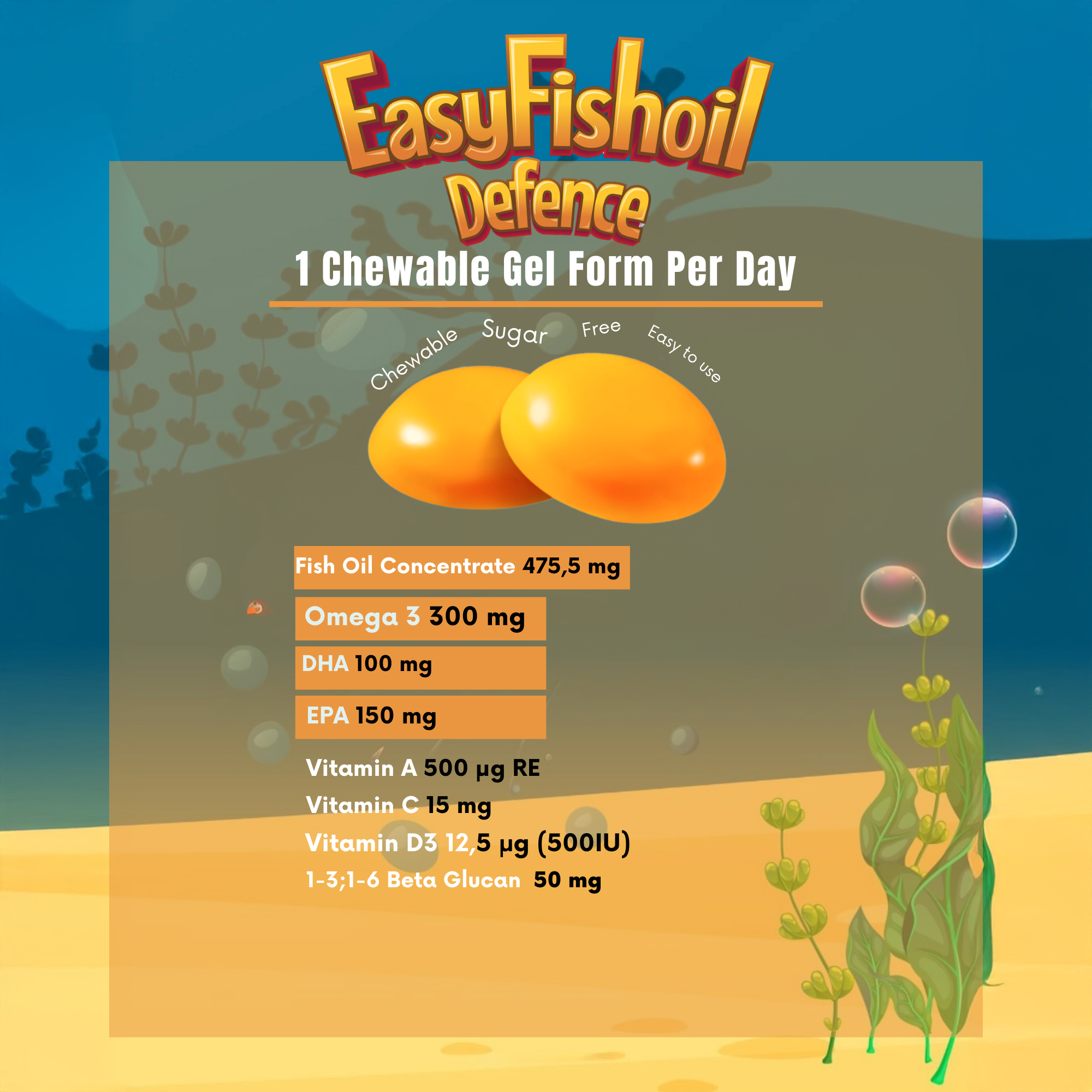 Omega 3 + Beta Glucan, Vitamins A, C, D For Children EasyFishoil Defence