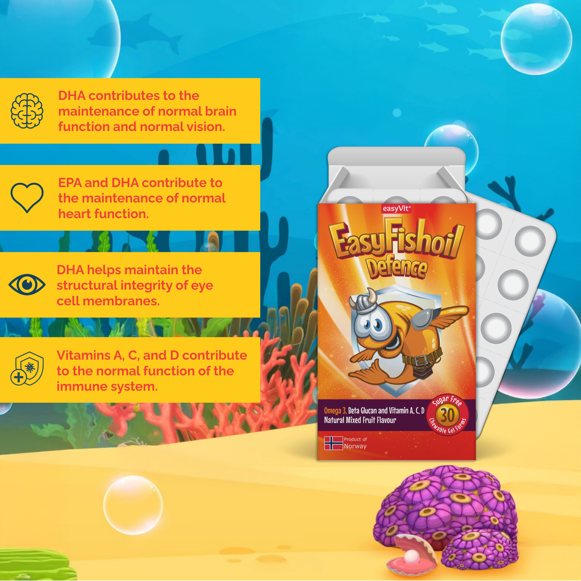 Omega 3 + Beta Glucan, Vitamins A, C, D For Children EasyFishoil Defence