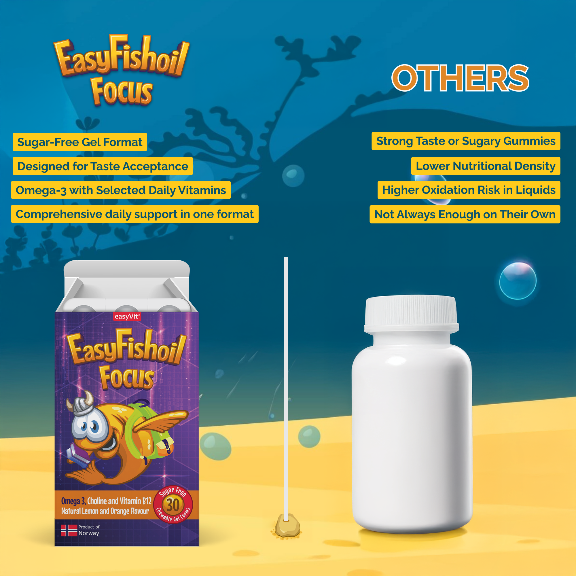 Omega 3 + Choline Vitamins B6 and B12, Folic Acid For Children EasyFishoil Focus